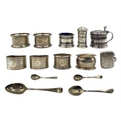 Silver circular three piece condiment set, Birmingham 1927, six various silverserviette rings, vesta case and four spoons approx 7oz