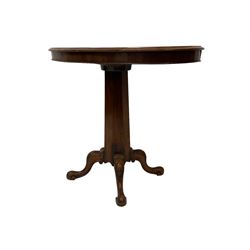 Victorian mahogany occasional table, oval top with moulded edge and banded frieze, raised on octagonal pedestal terminating in scrolled cabriole supports with acanthus leaf carving