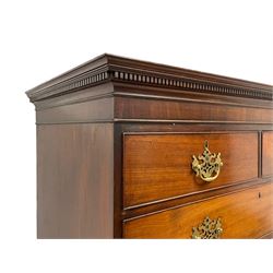 George III mahogany chest on chest, the projecting moulded and dentil cornice over plain frieze, fitted with two short and six graduating drawers with oak linings, on bracket feet
