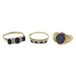 Gold single stone opal triplet ring, and two sapphire and diamond chip rings, all hallmarked 9ct