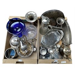 Bohemian blue flashed and cut pedestal bowl, good quality silver plated hot water pot with half fluted body, large moulded glass claret jug, trays etc in two boxes