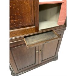 Oak Georgian double corner cupboard, the fixed dentil cornice over two doors, opening to reveal three fixed shelves, over one short drawer and two doors opening to reveal one fixed shelf W100cm, H212cm, D60