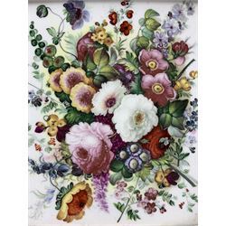 19th century English porcelain rectangular plaque, hand painted with an arrangement of flowers, framed, 16cm x 14cm 