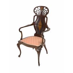 Art Nouveau period mahogany open arm chair, the inlaid pierced wavy splat back over upholstered seat, raised on slender cabriole supports W59cm