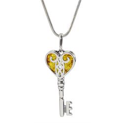 Silver Baltic amber heart key pendant necklace, stamped 925 