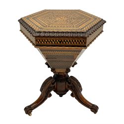 Victorian Scottish walnut hexagonal work table, probably Ayrshire, decorated with Louis cube and geometric inlays, hinged top with thumb moulded edge and fitted interior, base carved with thistles and on three out splayed cabriole legs