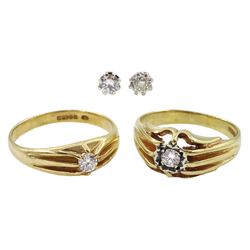 Two 9ct gold diamond rings, both hallmarked and a pair of diamond stud earrings