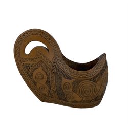 Scandinavian chip carved ornaments to include a bird form bowl and cover, drinking vessels, shoes, bowls etc, together with a vintage wooden shoe stretcher and a pair of carved treen birds 