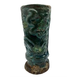 Chinese Ming Dynasty turquoise glazed earthenware vase, decorated in relief with Dragons on a scrollwork ground  H18cm, together with a Chinese Export Famille Rose pedestal dish (2)