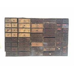 19th century pine workshop bank of drawers W145cm, H88cm, D24cm