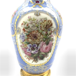 19th century French porcelain baluster vase painted with panels of flowers on a blue and gilt ground (cracked) with incised mark H46cm