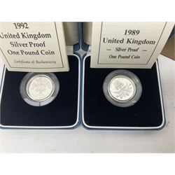 The Royal Mint United Kingdom silver proof one pound coins, comprising 1989, 1992, 1994 to 1997 four coin collection, 1994 to 1997 piedfort four coin collection, 2002 and 2003 piedfort, all cased with certificates