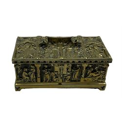 Late 19th century Gothic style brass casket, the sides and hinged lid cast with allegorical figures within lancet arches, base marked with hexagon inscribed AFC for Adolph Frankau, L22cm 