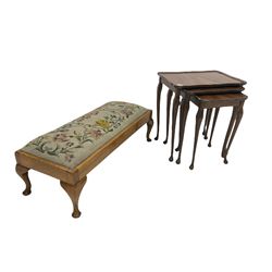 Nest of Walnut occasional tables together with and an Oak tapestry stool with needlework top