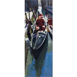Hilary Burnett Cooper (British contemporary): A Venetian Gondola in the Canals, oil on board signed 57cm x 21cm