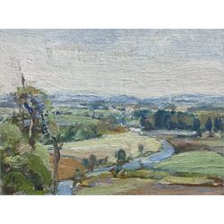 Howard Barron (British 1900-1991): View Across the Hills, oil on board unsigned, inscribed verso 10cm x 13cm 