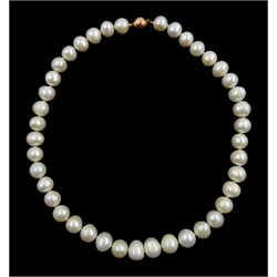 Single strand cultured white pearl necklace, with 9ct rose gold clasp, stamped 375