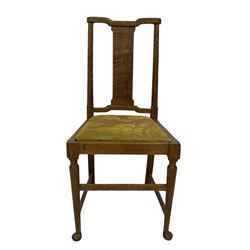 Marsh Jones and Cribb (1864-1936) - set of six early 20th century 'Hampton Court' design dining chairs, shaped cresting rail over high slat back, foliate patterned upholstered drop-in seats, on cabriole front supports united by stretchers