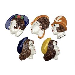 Set of five Moorland Chelsea pottery wall plaques in the style of 1920s ladies 