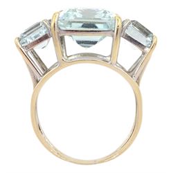 14ct gold three stone emerald cut aquamarine ring, total aquamarine weight approx 10.05 carat