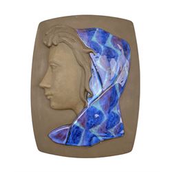 Royal Copenhagen Aluminia part glazed stoneware plaque 'Girl with Scarf' no. 2798, designed by Johannes Hedegaard, impressed and painted marks verso 32cm x 25cm 
