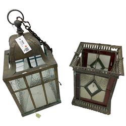 Brass hall lantern with glass panels H62cm and another with leaded and coloured glass panels (2)