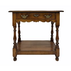 Late 18th century style fruitwood side table, the moulded rectangular top over single drawer and shaped apron, raised on turned supports united by under tier W62cm