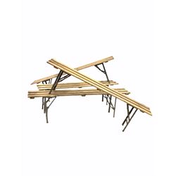 Set of four pine and steel folding trestle benches L168cm