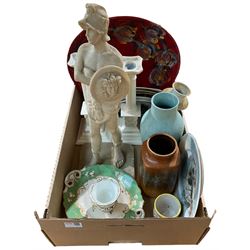 Poole style charger, composite figure of a Roman God, 19th century ceramics, pair of 20th century Creamware candlesticks etc in one box