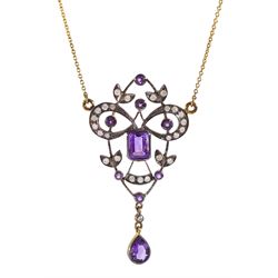 Gold and silver amethyst and diamond pendant necklace