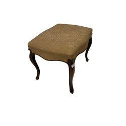 19th century mahogany footstool, upholstered in fabric, raised on cabriole supports 