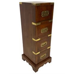 Small military design mahogany pedestal chest, fitted with four drawers, each with recessed brass handles and brass bound details, on bracket feet