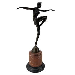 After J Phillip - Bronze of an Art Deco style dancer with Paris foundry mark and incised A7255 on marble plinth H56cm