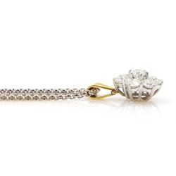 18ct white and yellow gold seven stone round brilliant cut diamond, daisy cluster pendant, on an 18ct white gold chain necklace, hallmarked, total diamond weight approx 3.00 carat
