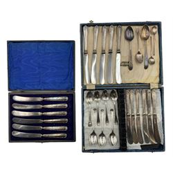 Set of six silver coffee spoons with shell finials Sheffield 1923 Maker Northern Goldsmiths Co., six other silver tea and condiment spoons, two sets of six silver handled pastry knives and five others