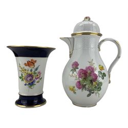 Meissen porcelain coffee pot, the baluster form body hand painted with floral bouquets and butterflies, with basketweave borders, flower knop handle, all heightened in gilt, blue crossed sword mark and impressed 3099 beneath, H28cm, together with a Meissen porcelain vase with flared rim, H17cm (2)