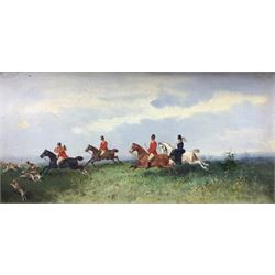 Rudolph Stone (British 1838-1914): Hunting Scenes, pair oils on panel in inscribed frame 15cm x 30cm (2)