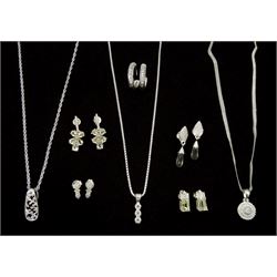 Silver stone set jewellery including three necklaces and five pairs of earrings, set with diamond, zircon and hiddenite, all stamped or hallmarked 