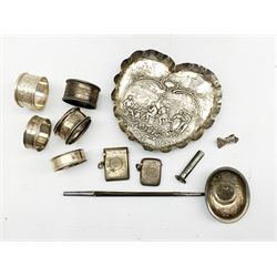  Five various silver napkin rings, Continental silver heart shaped dish with import marks for 1902, toddy ladle, two vesta cases etc weighable silver 6.4oz