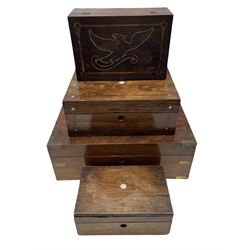 Victorian mahogany brass bound writing box, L40.5cm, together with three Victorian Rosewood work boxes (4)