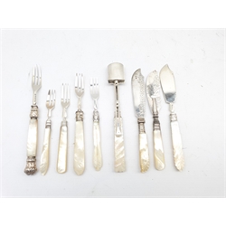 George III silver cheese scoop with later mother of pearl handle Birmingham 1810 Maker Samuel Pemberton, five various silver dessert forks with mother of pearl handles and three silver butter knives with mother of pearl handles