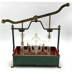 19th century laboratory gas measuring instrument with metal tray 30cm x 36cm max