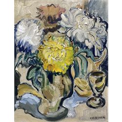 Lilian Colbourn (British 1897-1967): Still Life of Mophead Chrysanthemums, oil on canvas signed 45cm x 35cm
Notes: Lilian Colbourn spent many years painting in Staithes and is recognised as a later 'Staithes' artist, she exhibited in notable galleries such as the Walker Art Gallery in Liverpool.