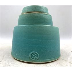 Chris Jenkins (British 1933-): Studio pottery sculptural jar and cover with turquoise glaze, H14cm