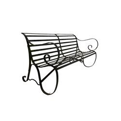 Early-to-mid 20th century strapwork black painted iron garden bench, with scroll arms and supports