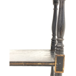 Mid 19th century ebonised and gilt painted three tier wall shelf, with moulded cornice and turned spindle supports 