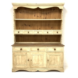 20th century painted pine dresser, dentil cornice over two shelves and five trinket drawers three drawers and three cupboards under,