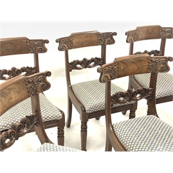 Set six early Victorian mahogany dining chairs, figured cresting rail carved with s scrolls and foliage,  upholstered drop in seats, turned and faceted supports, seat height - 50cm
