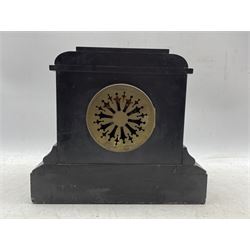 A  French 19th century mantle clock in a Belgium slate case with a flat top and stepped plinth, white enamel dial with gothic Roman numerals and minute markers, steel fleur di Lis hands within a brass bezel and glass with a decorative gilt slip, eight-day movement striking the hours and half hours on a bell, with pendulum.


