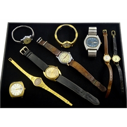 Collection of wristwatches including Bulova stainless steel, with blue dial and day-date aperture, Tevo Watch Co stainless steel manual wind, Tissot ladies, Globestar gold-plated, Montine, Ingersoll etc (9)

